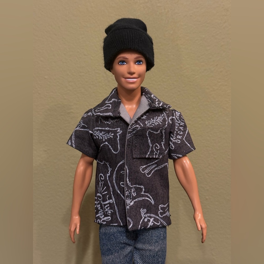 Handcrafted black & gray farm themed doll shirt
